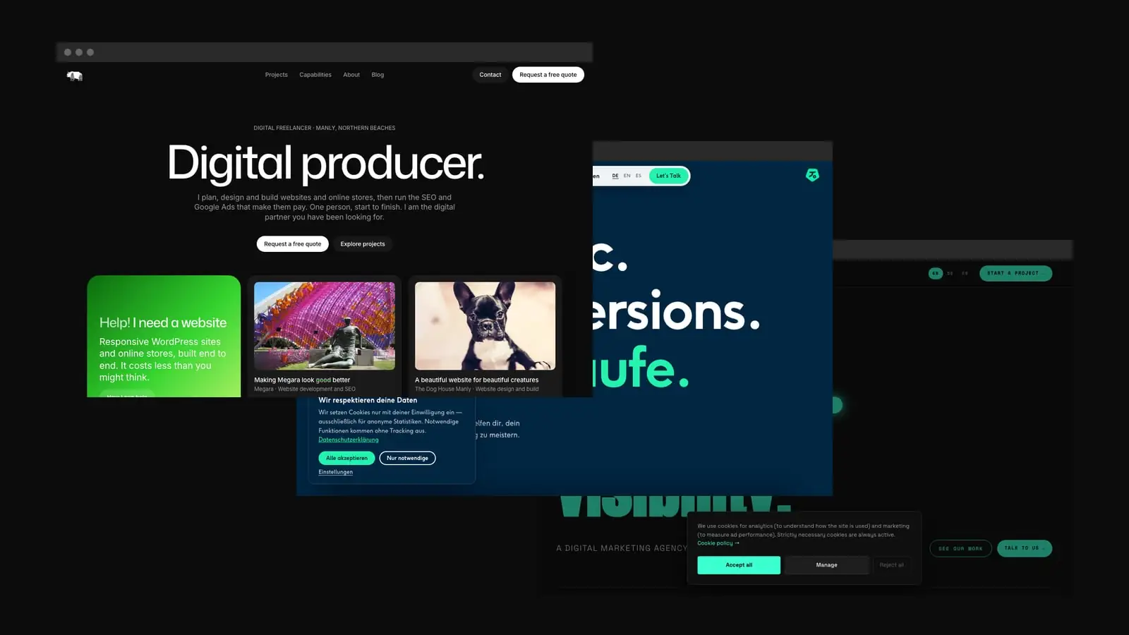 Three browser windows fanned across a dark background showing the homepages of digitalfreelancer.net.au, tikitaka.digital and pmax.online